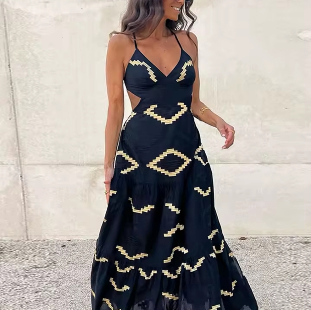 Sexy Printed Women's Dress Elegant V-neck ContractBackless Sleeveless Split Fem - Picture 3 of 5